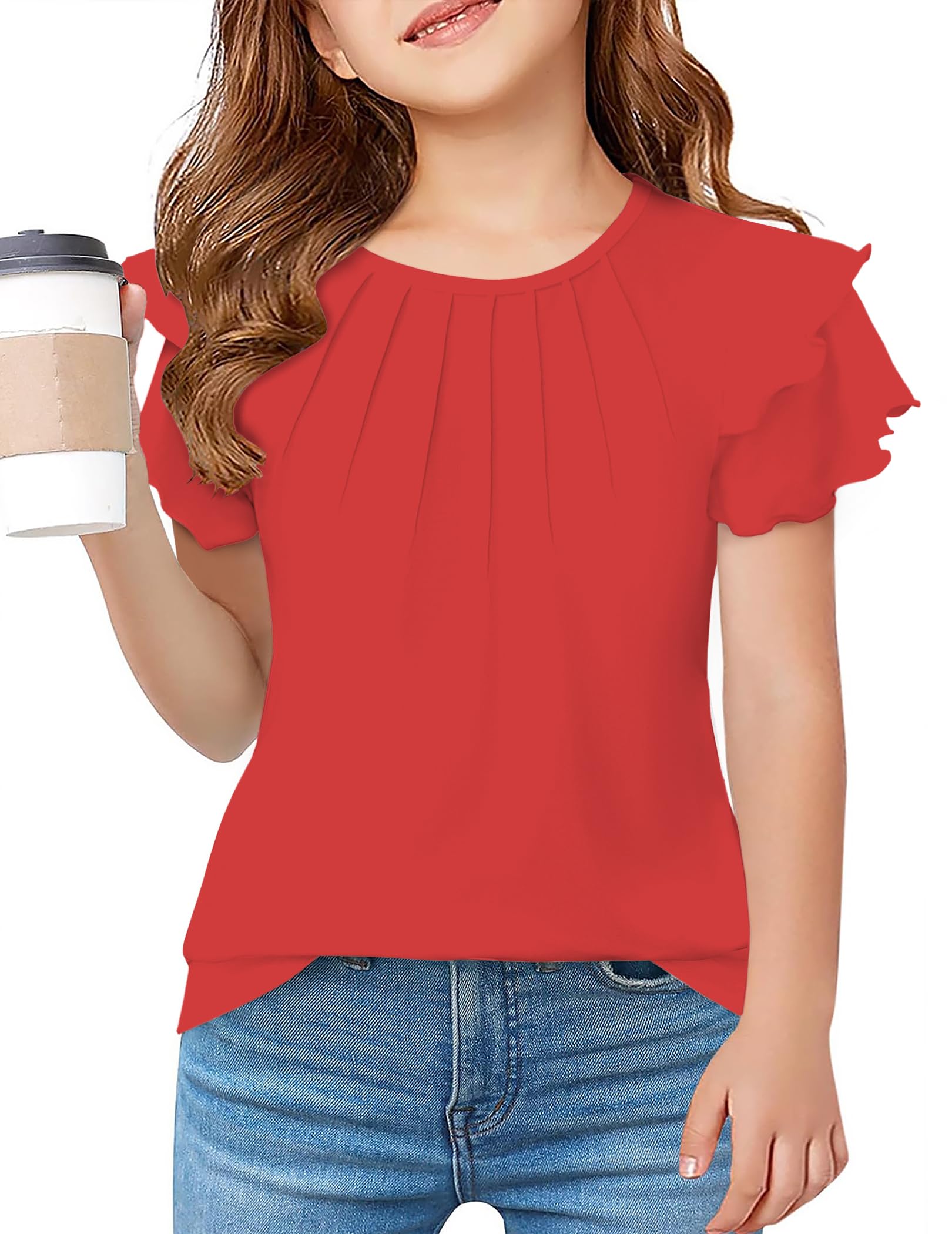 Arshiner Girls T Shirts Ruffle Short Sleeve Summer Pleated Crewneck Casual Tops Tees Blouses