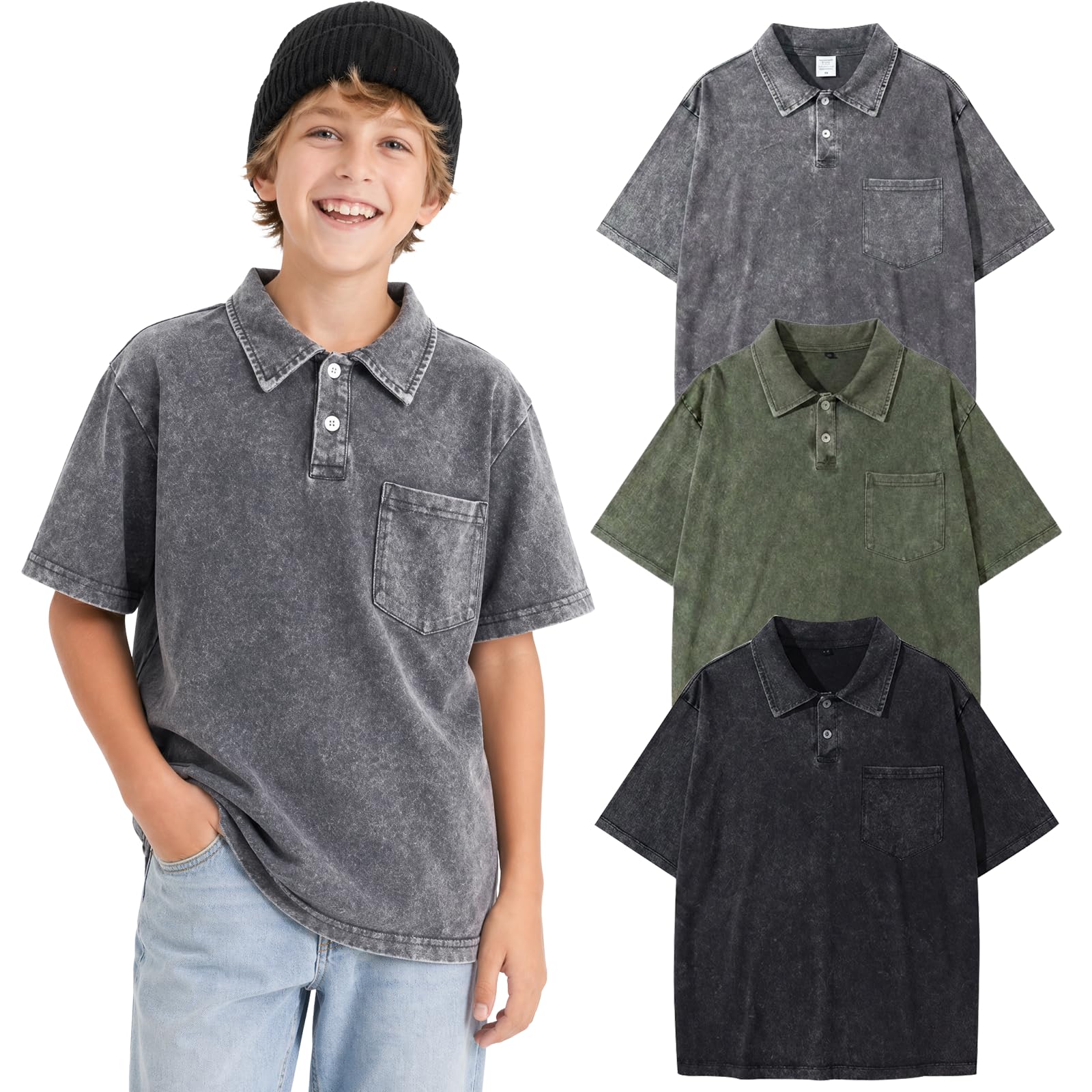 Arssm Boys Polo Shirts Kids Oversized T Shirts Cotton Acid Washed Tshirts Vintage Summer Basic Tees