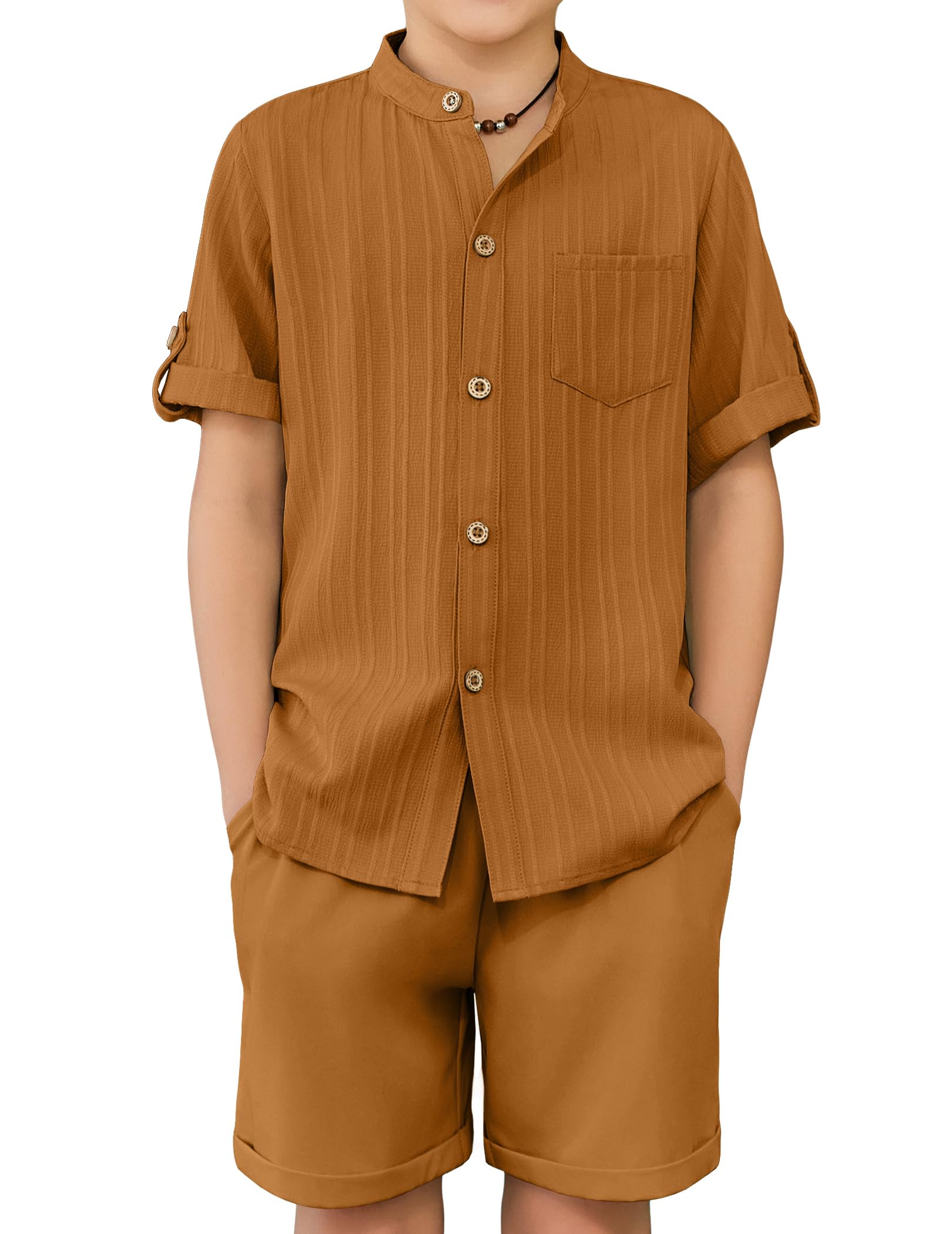 Arshiner Boy's 2 Piece Beach Outfit Short Sleeve Textured Button Down Shirt and Short Sets Summer Vacation Wear 4-12 Years