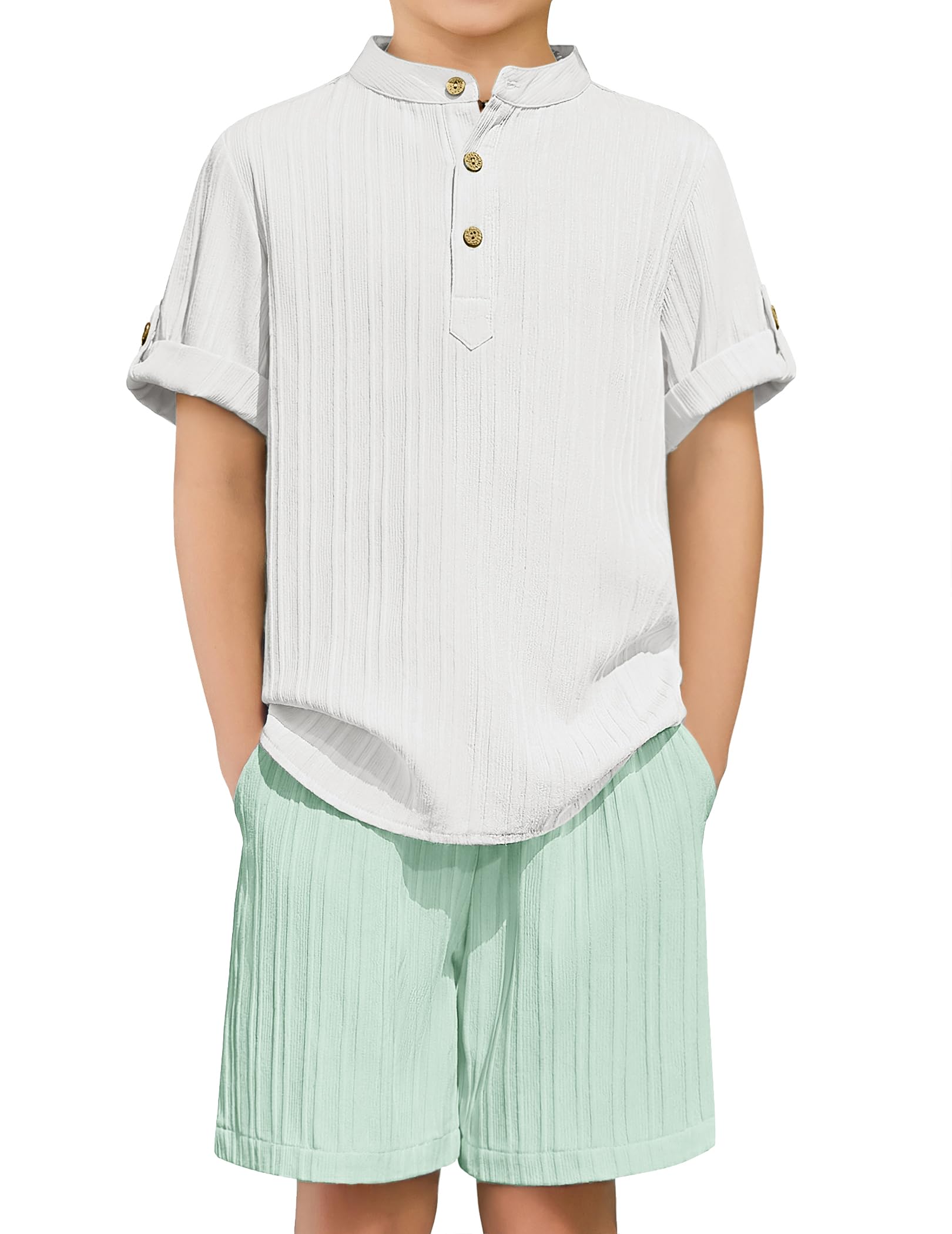 Arshiner Boys 2 Piece Summer Beach Outfits Textured Henley Shirts and Shorts Set Casual Vacation Clothes for 4-12 Years Kids