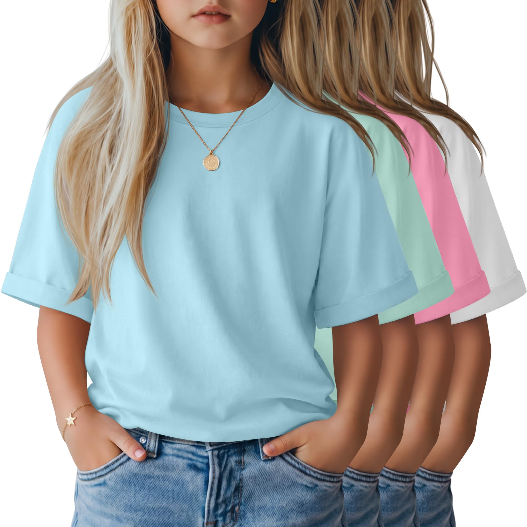 LessonZoo 4 Pack Girls' Oversized T-Shirts Rolled Short Sleeve Shirts Loose Fit Crew Neck Tops Casual Basic 5-14 Years Tees