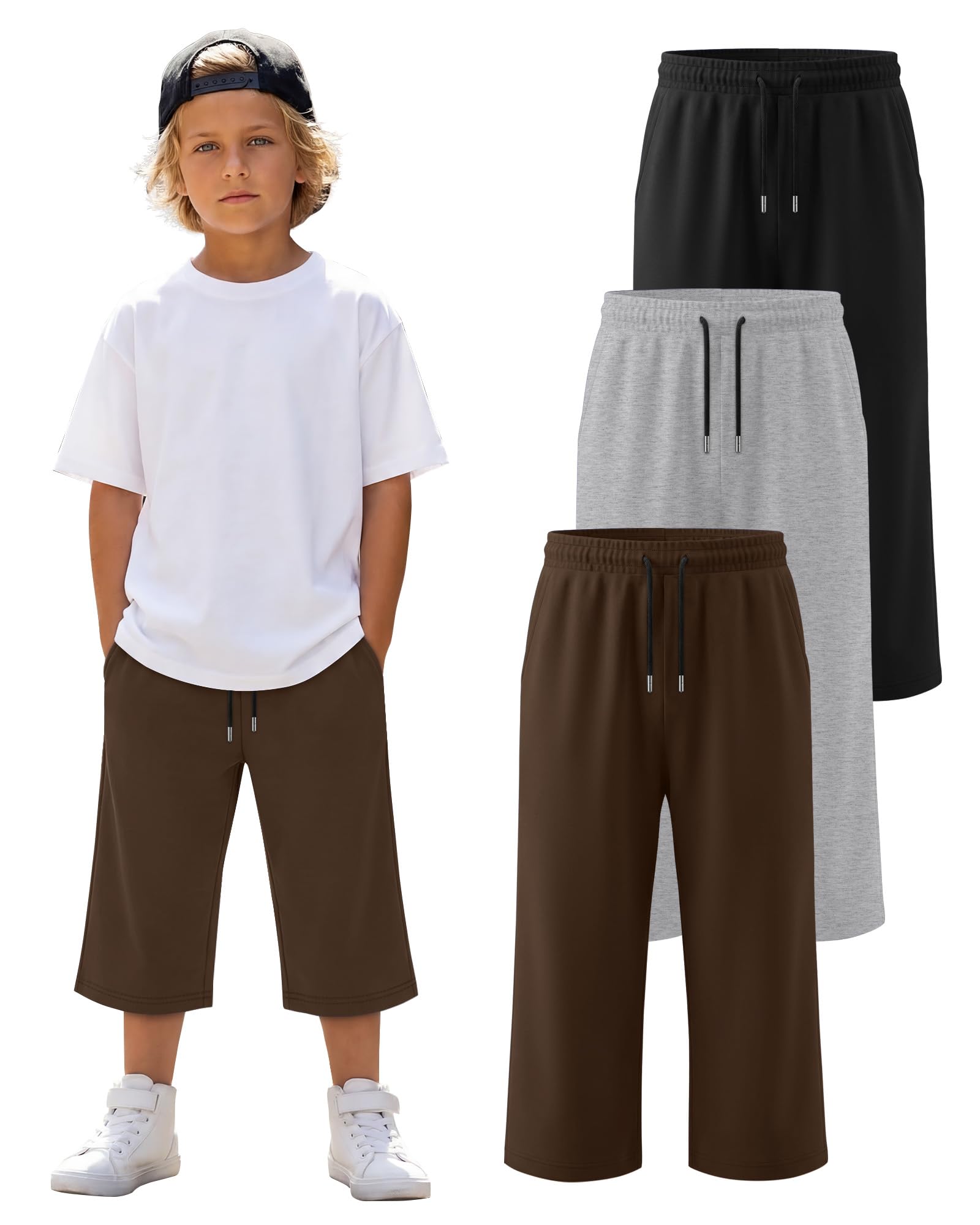 LessonZoo 3 Pack Boys Capri Pants Teen Kids Wide Leg Drawstring Joggers Below Knee Shorts 3/4 Baggy Sweatpants with Pockets