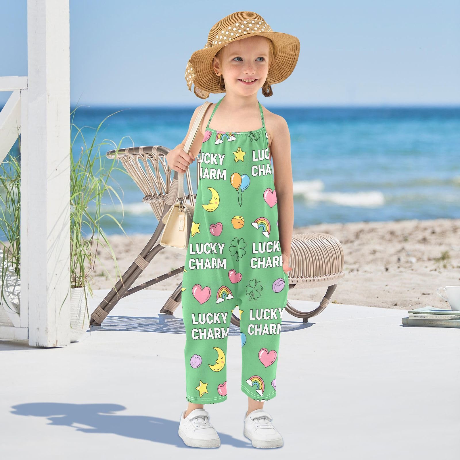 JULYTO Toddler Girls' Sleeveless Jumpsuits Lucky Charm Print Casual Summer Rompers with Pockets for 1-6T,