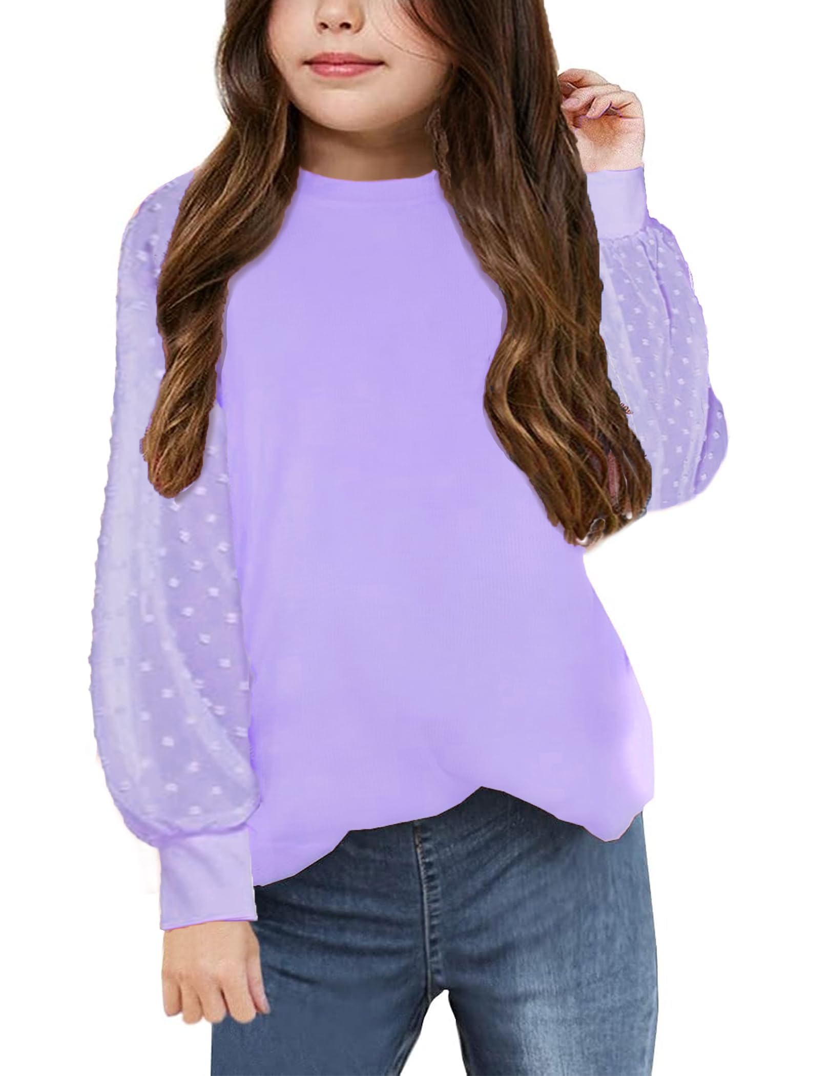 Yekaty Girls Shirts Casual Solid Color Crewneck Blouses Soft Long Sleeve Swiss Dots Chiffon Tops