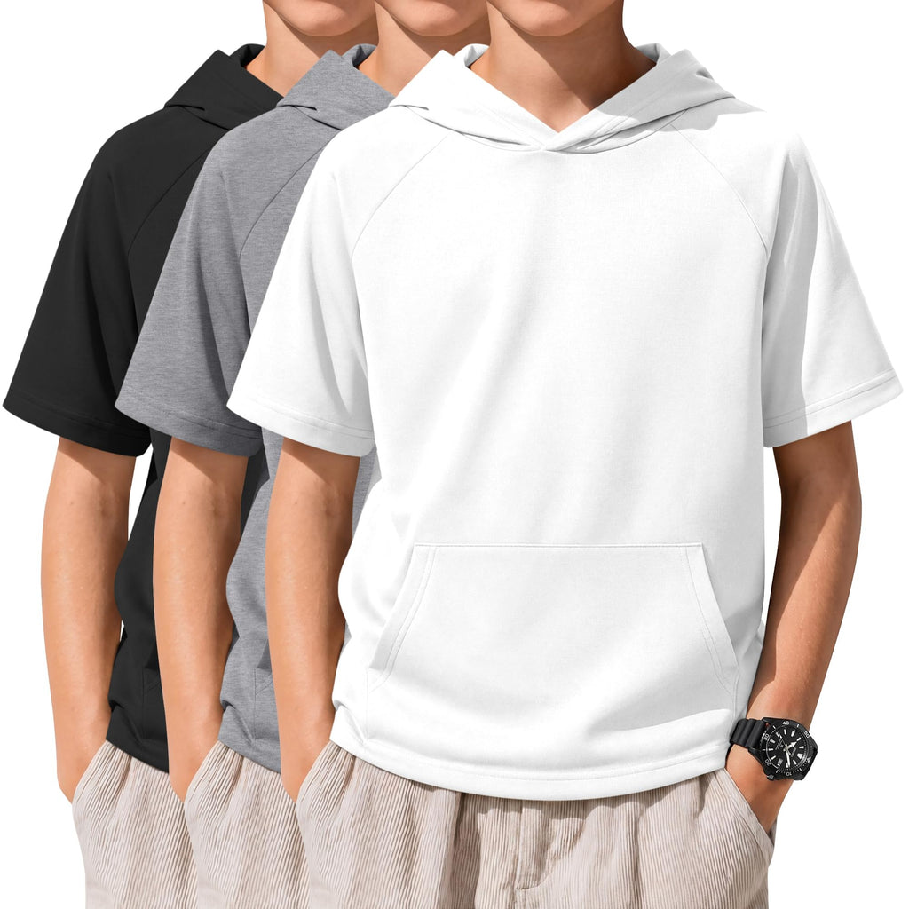 Xaatren 3 Pack Boys Short Sleeve Hoodie Kids Summer Hooded Pullover Shirts with Pocket Teen Athletic Hoodie Sweatshirt