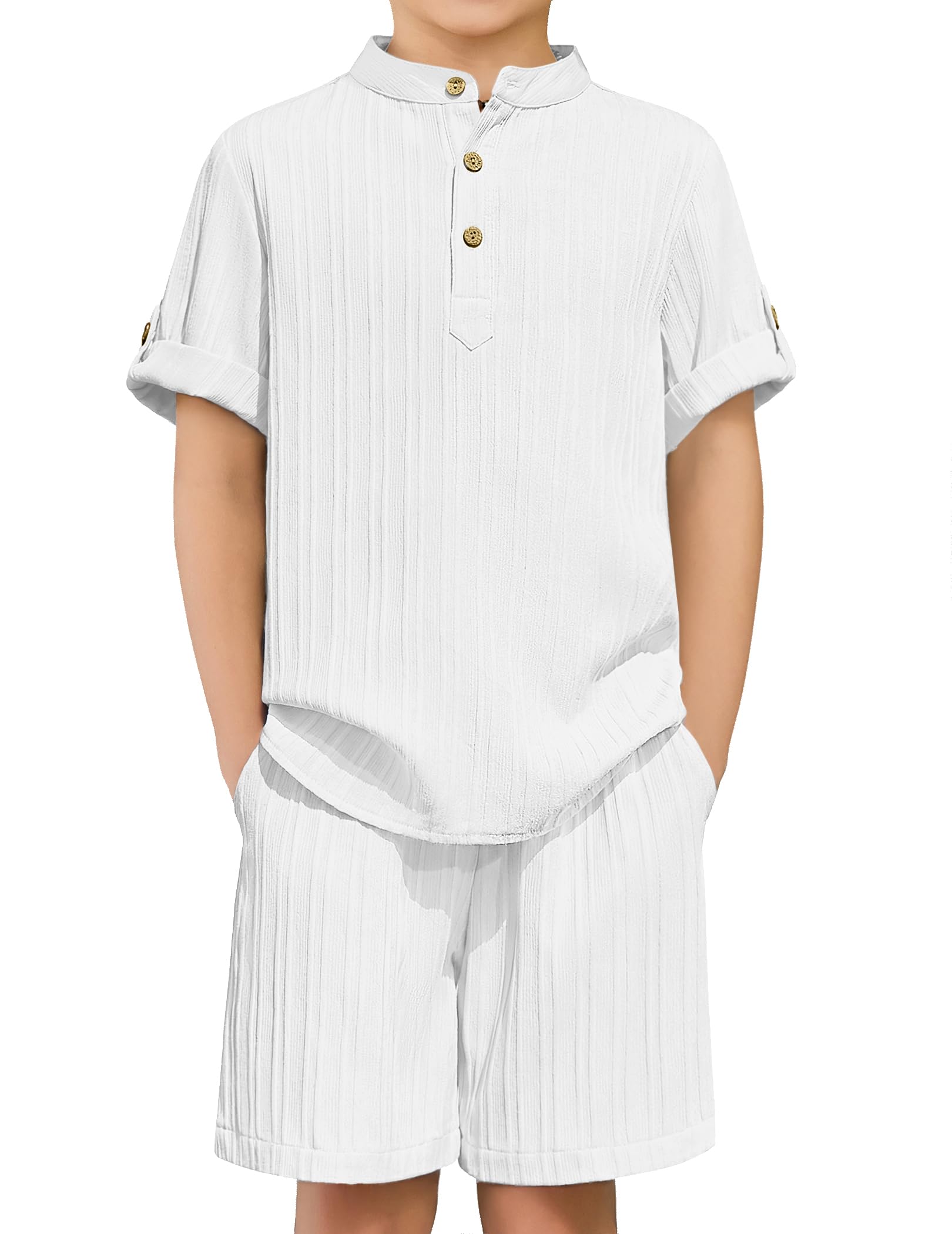 Arshiner Boys 2 Piece Summer Beach Outfits Textured Henley Shirts and Shorts Set Casual Vacation Clothes for 4-12 Years Kids