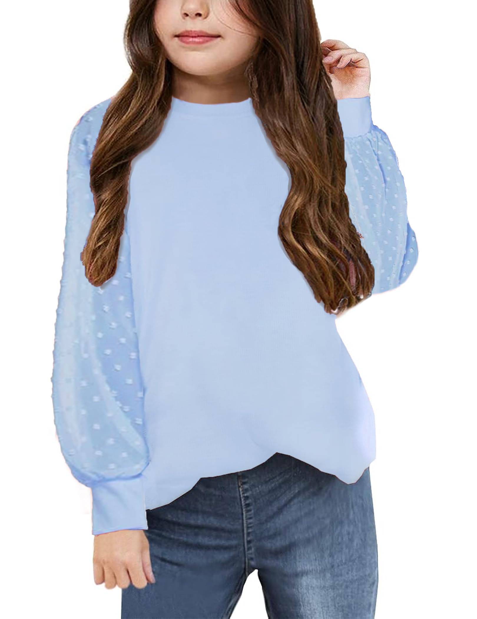 Yekaty Girls Shirts Casual Solid Color Crewneck Blouses Soft Long Sleeve Swiss Dots Chiffon Tops