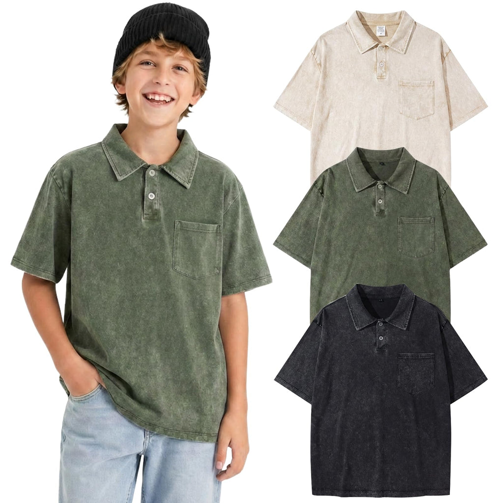 Arssm Boys Polo Shirts Kids Oversized T Shirts Cotton Acid Washed Tshirts Vintage Summer Basic Tees