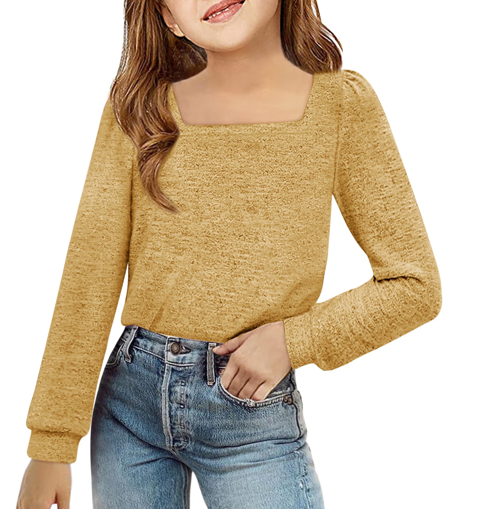 BZB Girls Long Sleeve Shirts Casual Square Neck Tunic Tops Fall Winter Clothes 5-14 Years