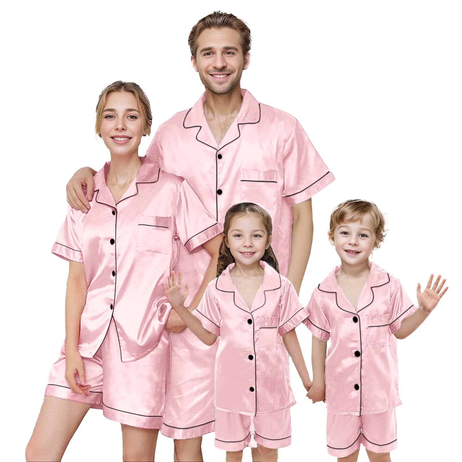 IFFEI Matching Family Silk Pajamas Set Satin Button Down Loungewear 2 Piece Top and Shorts Pjs for Couples with Pocket