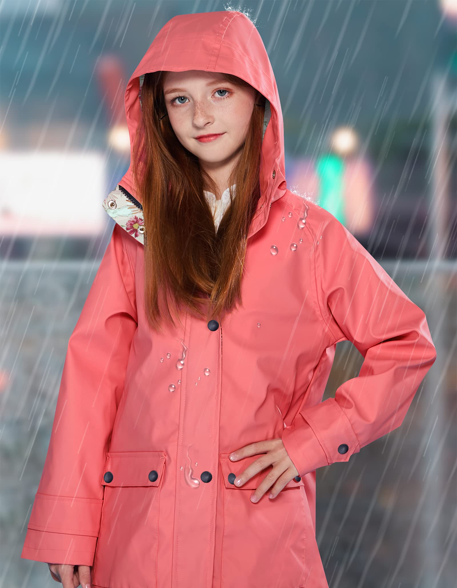 SOLOCOTE Kids Rain Jacket Hooded Lined Rubber RainCoats for Girls Boys Waterproof Windproof Size 5-14Y