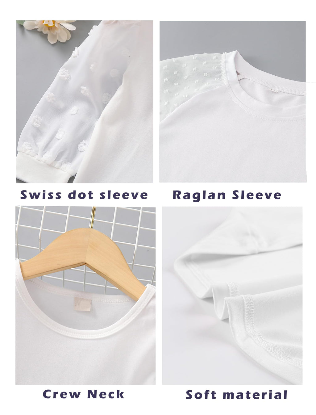 Yekaty Girls Shirts Casual Solid Color Crewneck Blouses Soft Long Sleeve Swiss Dots Chiffon Tops