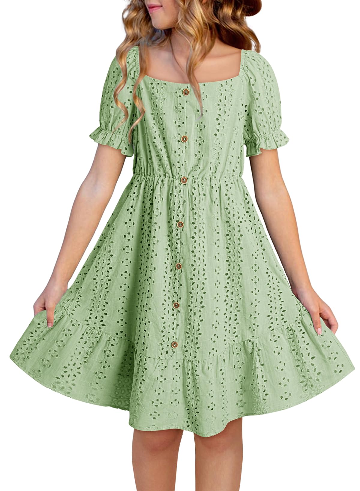 DOKOTOO KIDS Girls Dresses Summer Short Sleeve Casual A-line Button Down Eyelet Midi Dress 6-15 Years