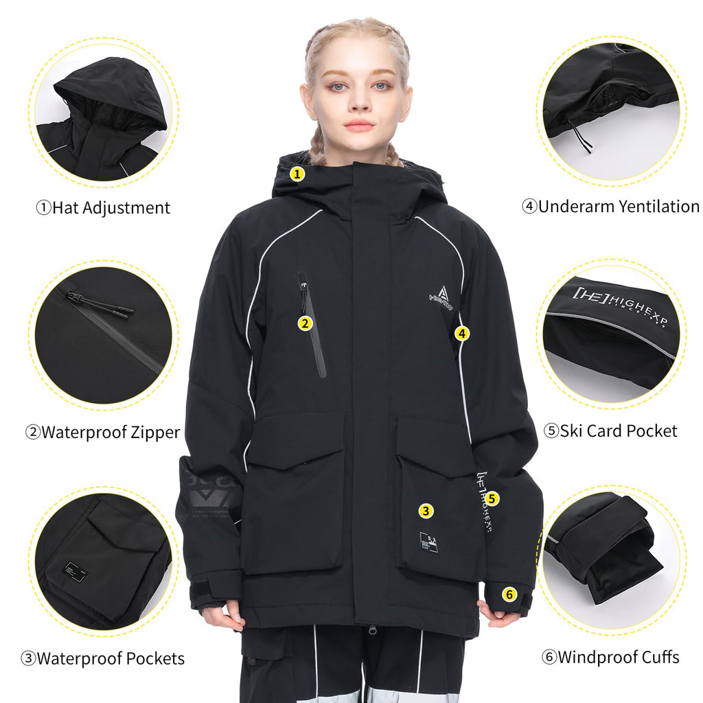 HIGH EXPERIENCE Ski Jacket Snowboard Coat Snow Winter Waterproof Insulated Windproof Baggy Warm Hooded Jacket for Men Women