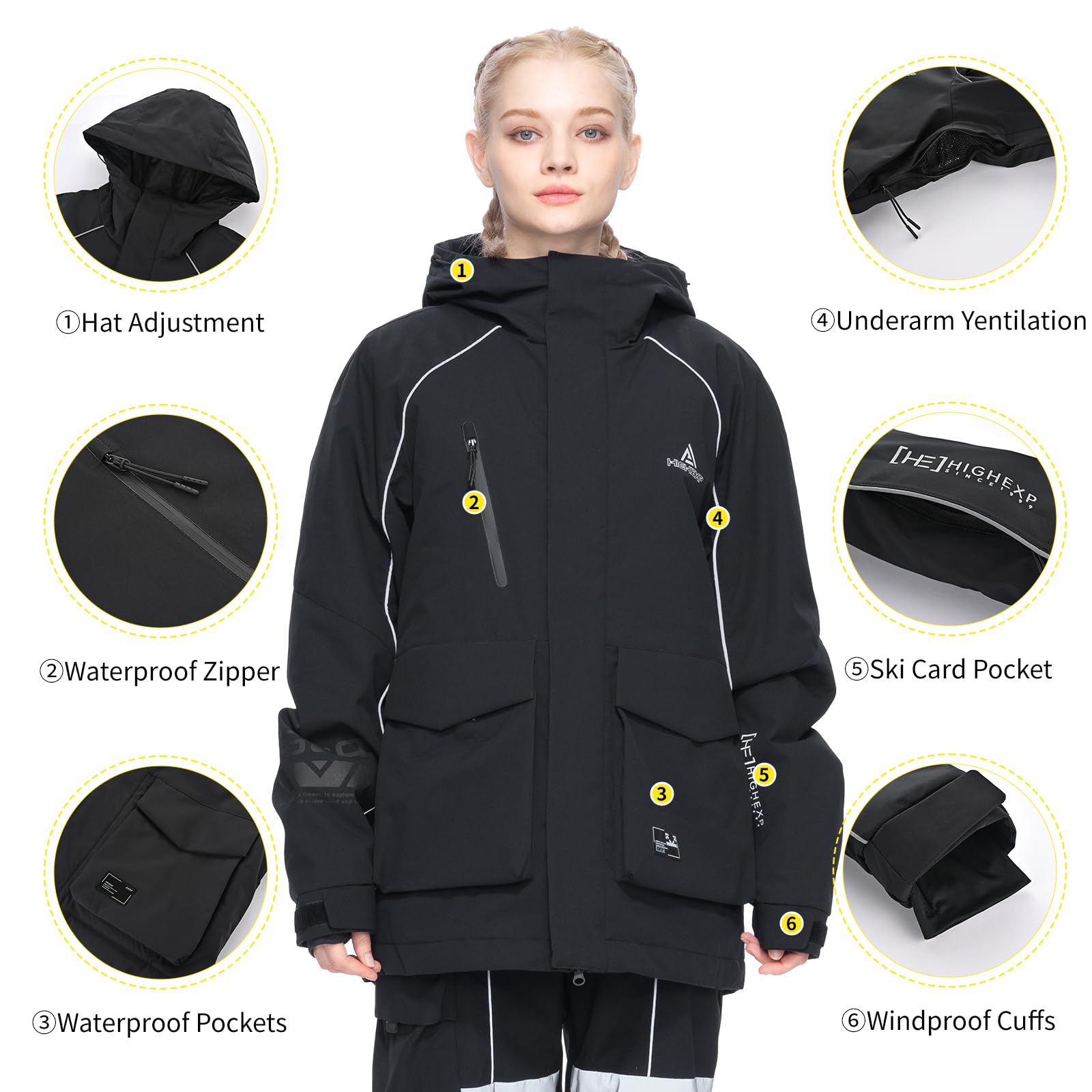 HIGH EXPERIENCE Ski Jacket Snowboard Coat Snow Winter Waterproof Insulated Windproof Baggy Warm Hooded Jacket for Men Women