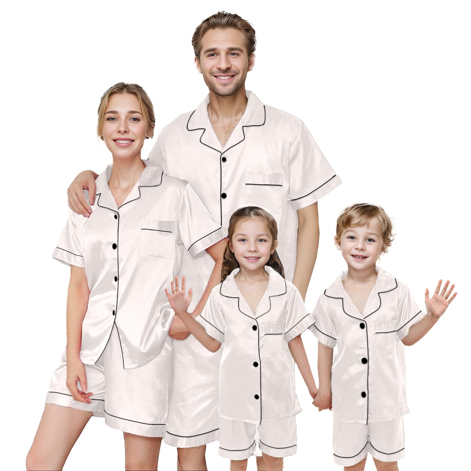 IFFEI Matching Family Silk Pajamas Set Satin Button Down Loungewear 2 Piece Top and Shorts Pjs for Couples with Pocket