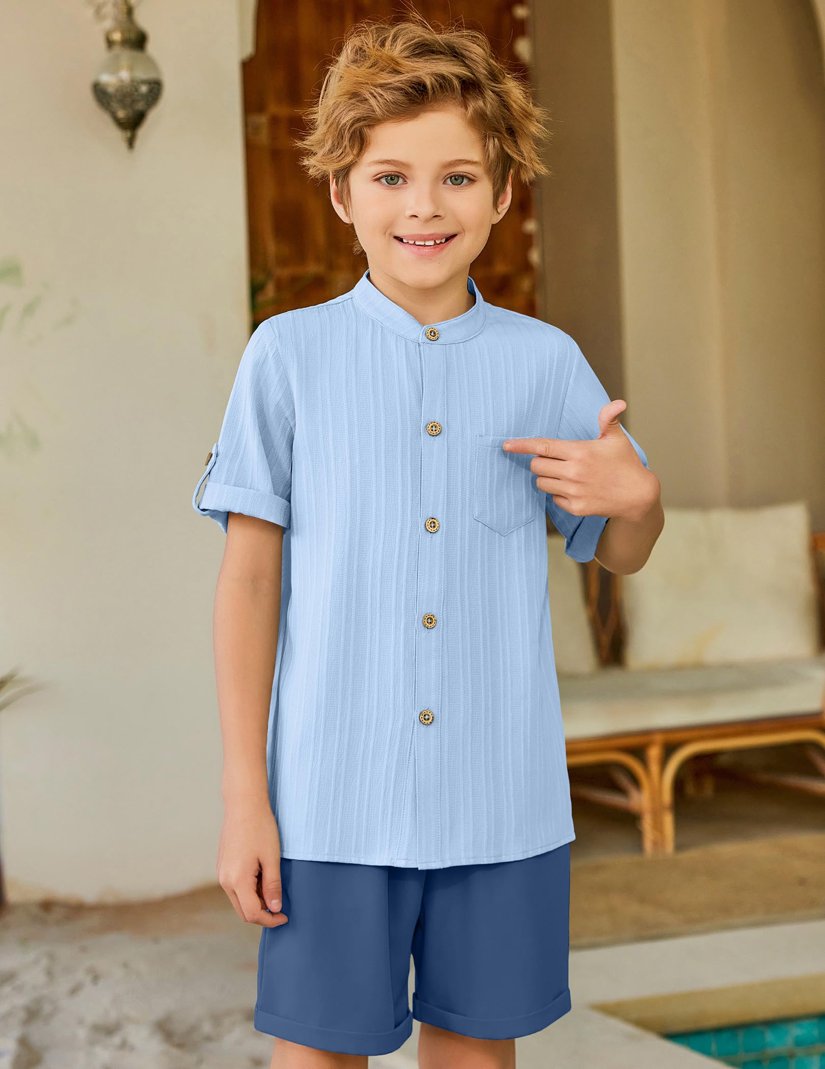 Arshiner Boy's 2 Piece Beach Outfit Short Sleeve Textured Button Down Shirt and Short Sets Summer Vacation Wear 4-12 Years