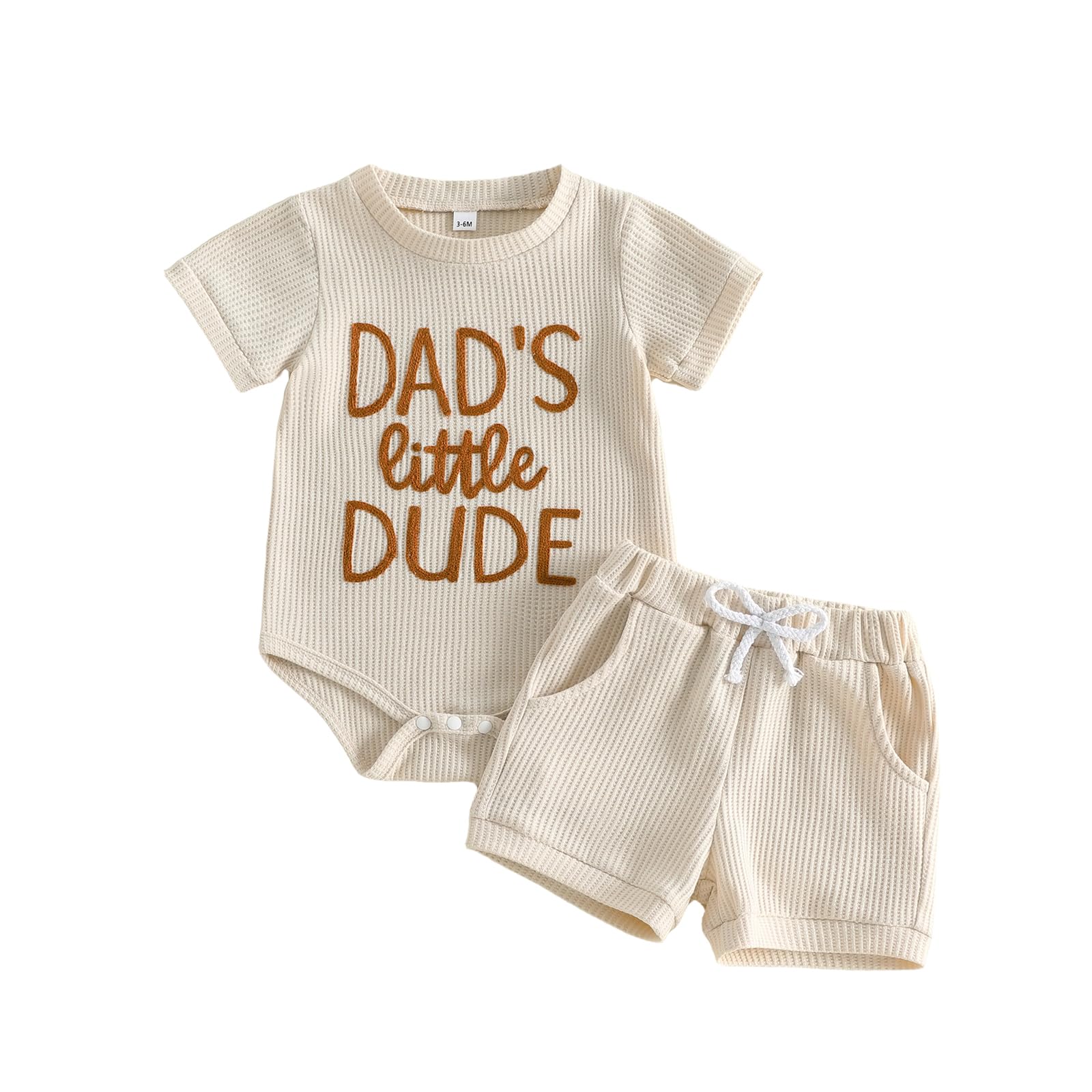 allshope Newborn Baby Boy Summer Outfit Set Dad Little Dude Embroidery Romper Jumpsuit Shorts Infant Waffle Clothes