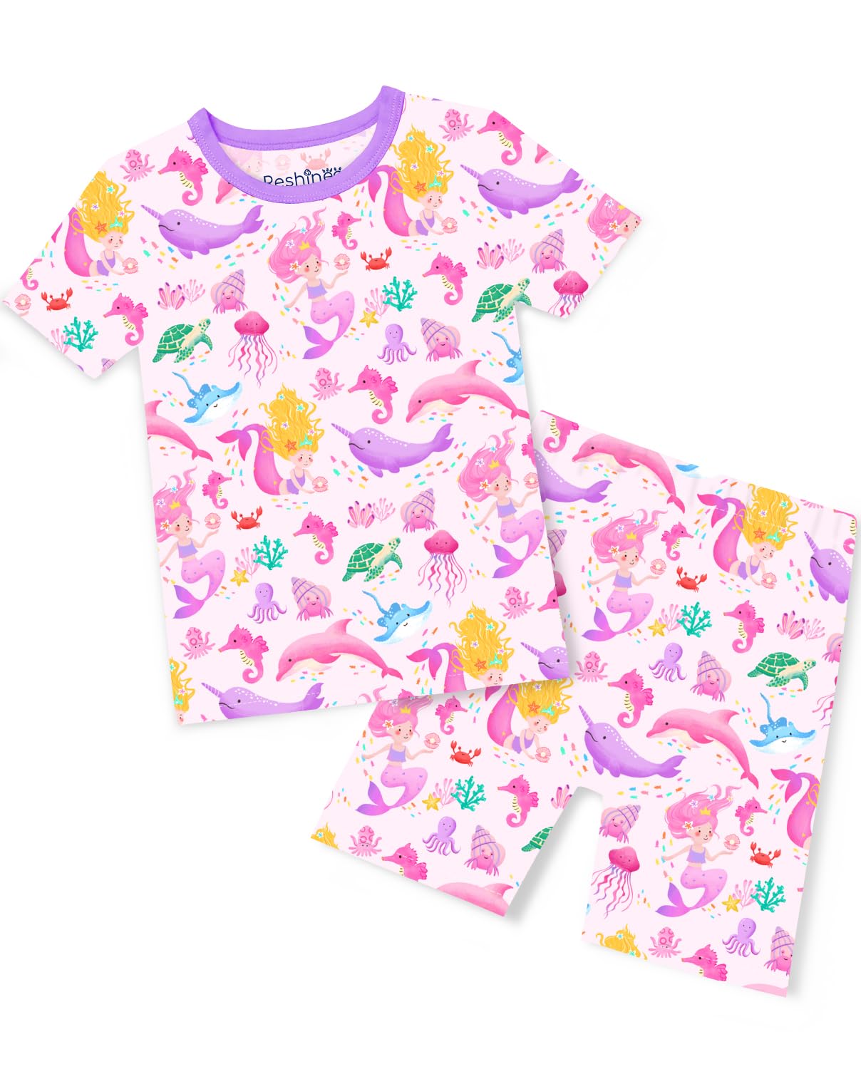 babee Reshinee Bamboo Viscose Toddler Unicorn Mermaid Girls Kids Pajamas Short Sleeve Summer Cool Snug fit Pjs 12M-8Y 2pcs