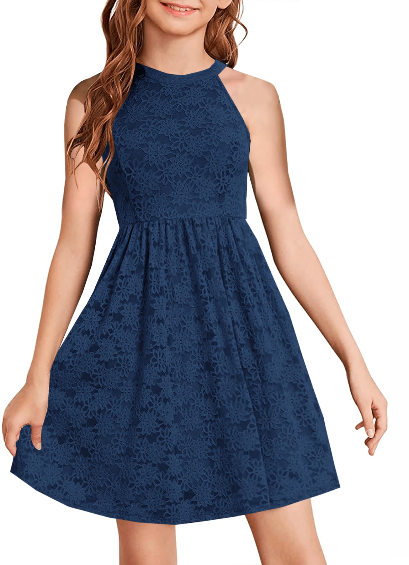 HOSIKA Girls Halter Neck Sleeveless Elegant Floral Lace A-line Flared Swing Party Dress for 6-12 Years Kid