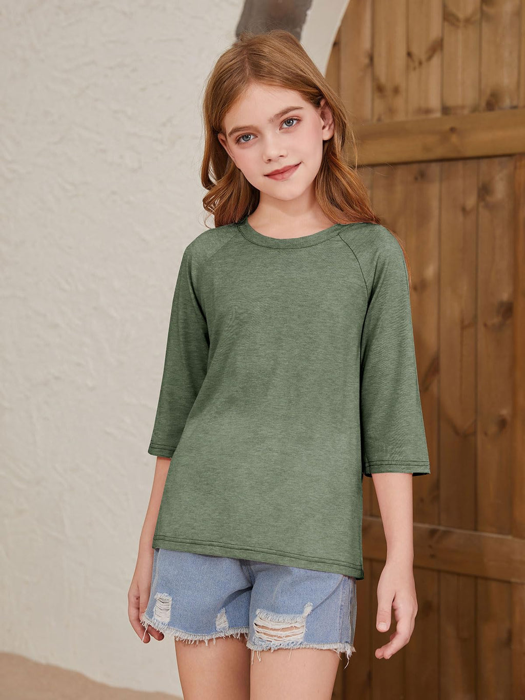 ZDC Girls Casual 3/4 Sleeve T Shirts Kids Cute Crewneck Tops Basic Tees Blouse for 5-14 Years
