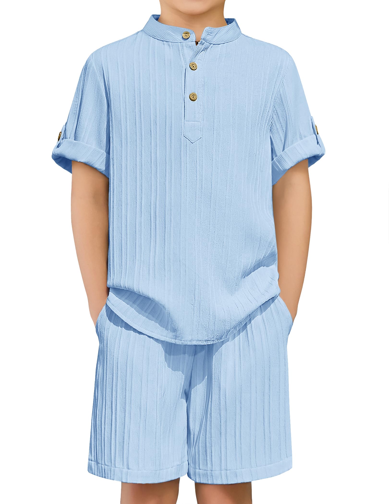 Arshiner Boys 2 Piece Summer Beach Outfits Textured Henley Shirts and Shorts Set Casual Vacation Clothes for 4-12 Years Kids