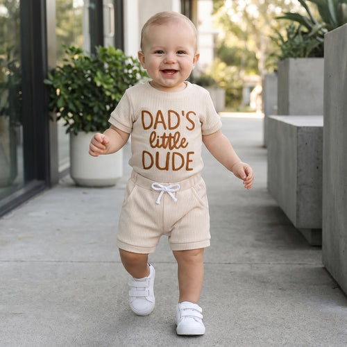 allshope Newborn Baby Boy Summer Outfit Set Dad Little Dude Embroidery Romper Jumpsuit Shorts Infant Waffle Clothes