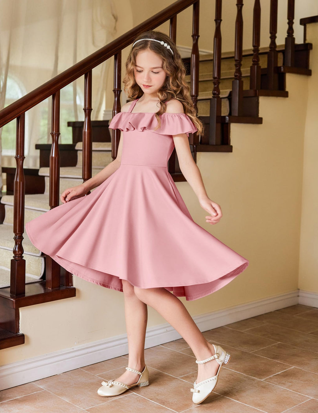Arshiner Girls Summer Dress Off Shoulder Flutter Sleeve Midi Swing Cassual Formal Dresses with Pocket