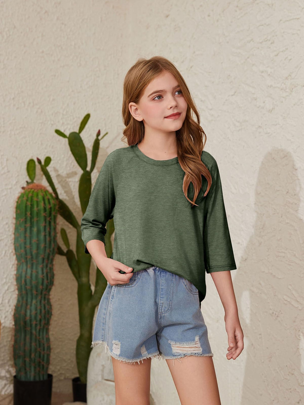 ZDC Girls Casual 3/4 Sleeve T Shirts Kids Cute Crewneck Tops Basic Tees Blouse for 5-14 Years