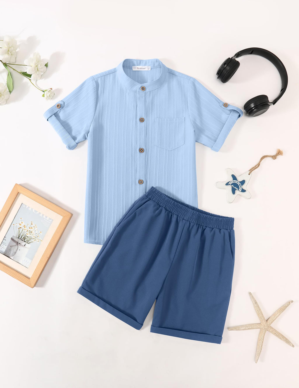 Arshiner Boy's 2 Piece Beach Outfit Short Sleeve Textured Button Down Shirt and Short Sets Summer Vacation Wear 4-12 Years