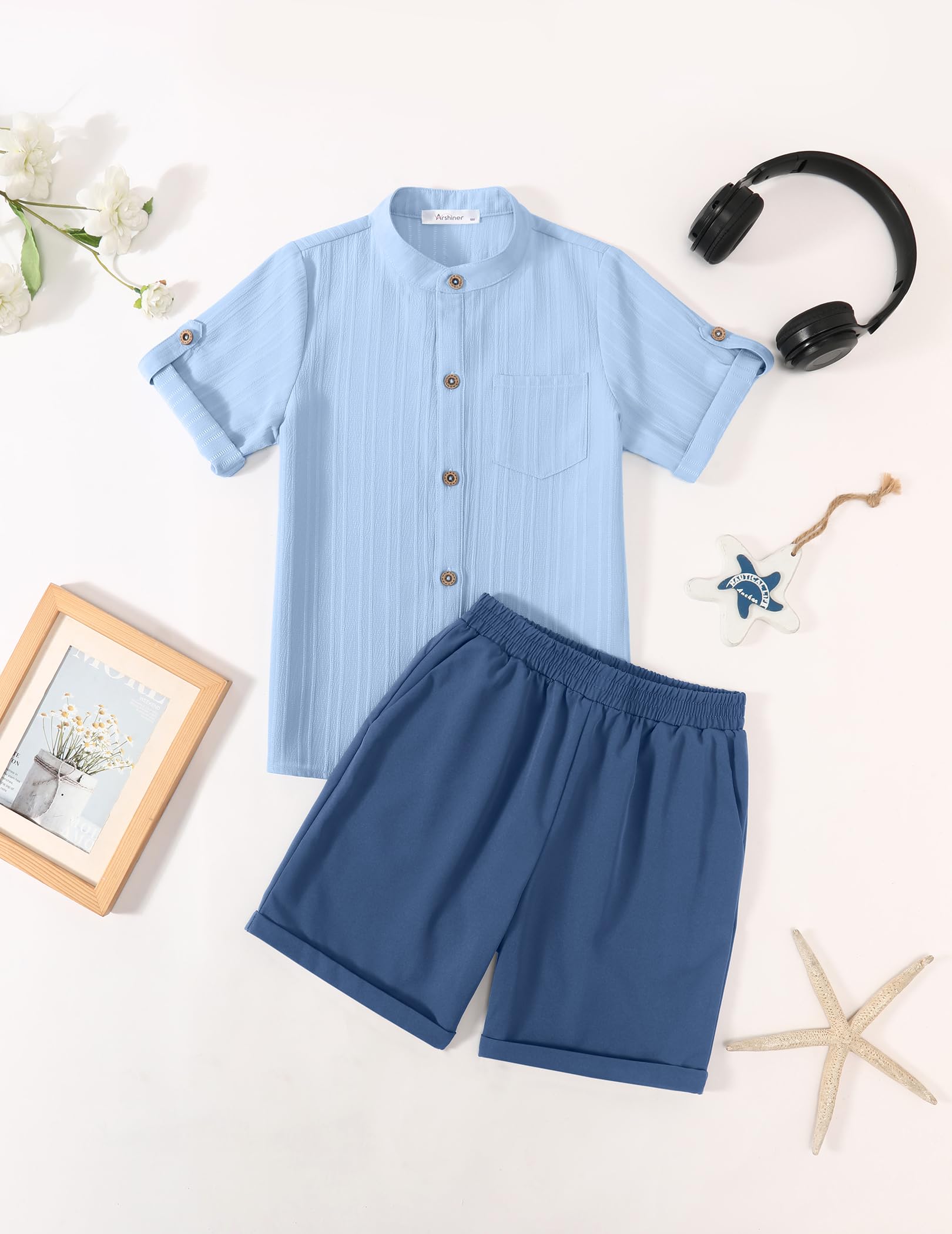 Arshiner Boy's 2 Piece Beach Outfit Short Sleeve Textured Button Down Shirt and Short Sets Summer Vacation Wear 4-12 Years
