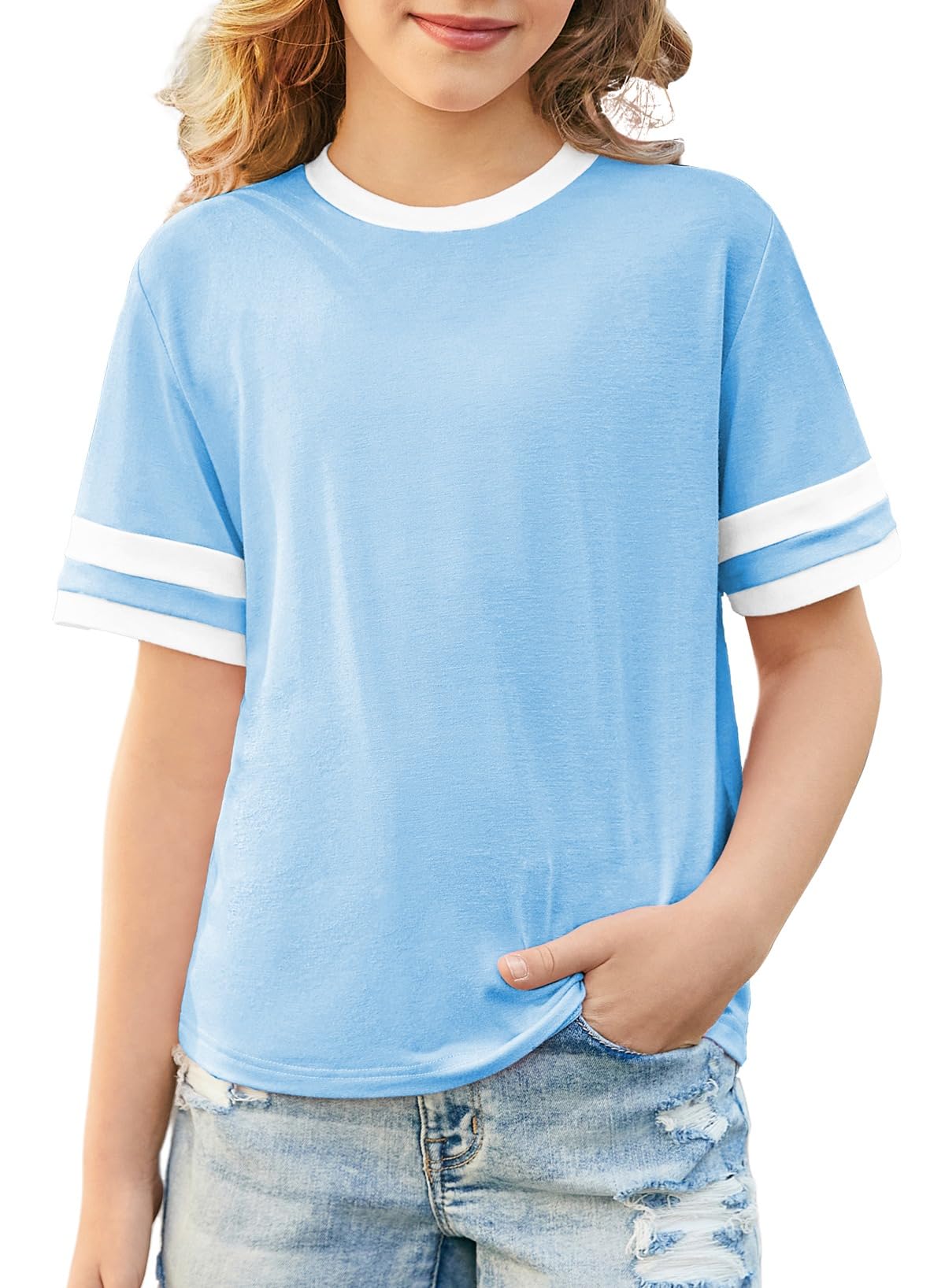 blibean Girls T Shirts Short Sleeve Tees Loose Fit Colorblock Summer Tops Size 6-15 Years