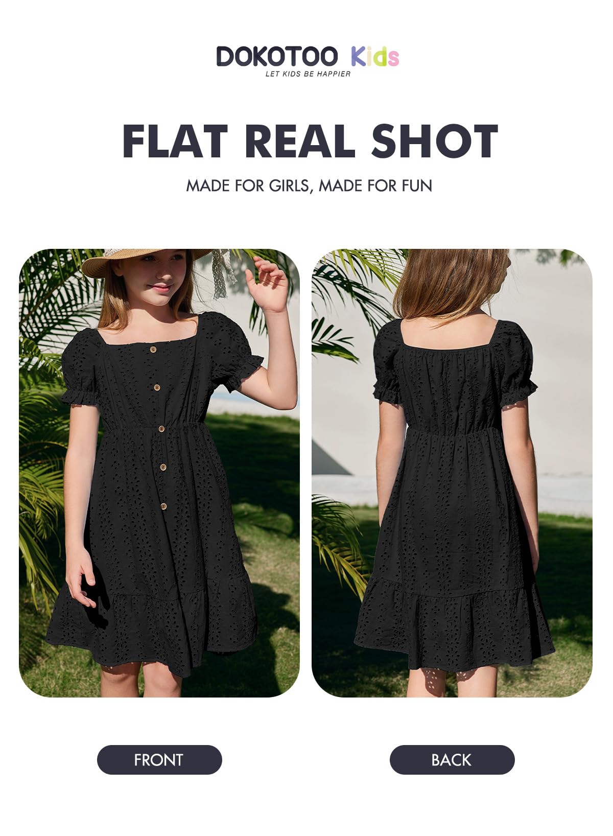DOKOTOO KIDS Girls Dresses Summer Short Sleeve Casual A-line Button Down Eyelet Midi Dress 6-15 Years