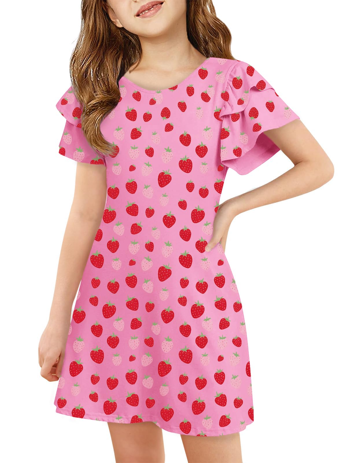 ZDC Girls Ruffle Sleeve Casual Dresses Summer Kids A Line Skater Dress 5-14 Years