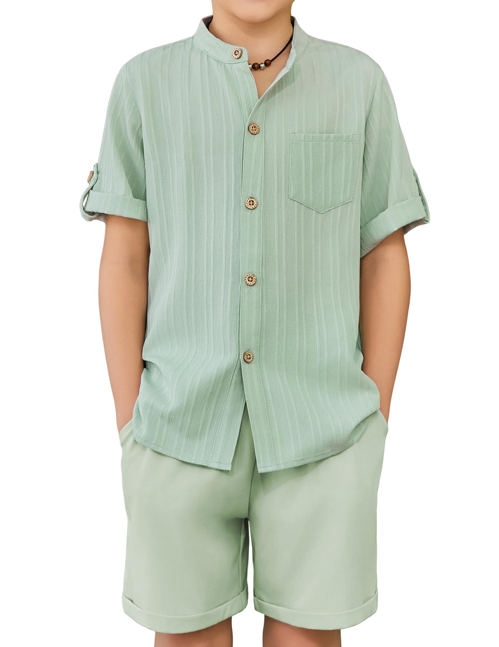 Arshiner Boy's 2 Piece Beach Outfit Short Sleeve Textured Button Down Shirt and Short Sets Summer Vacation Wear 4-12 Years