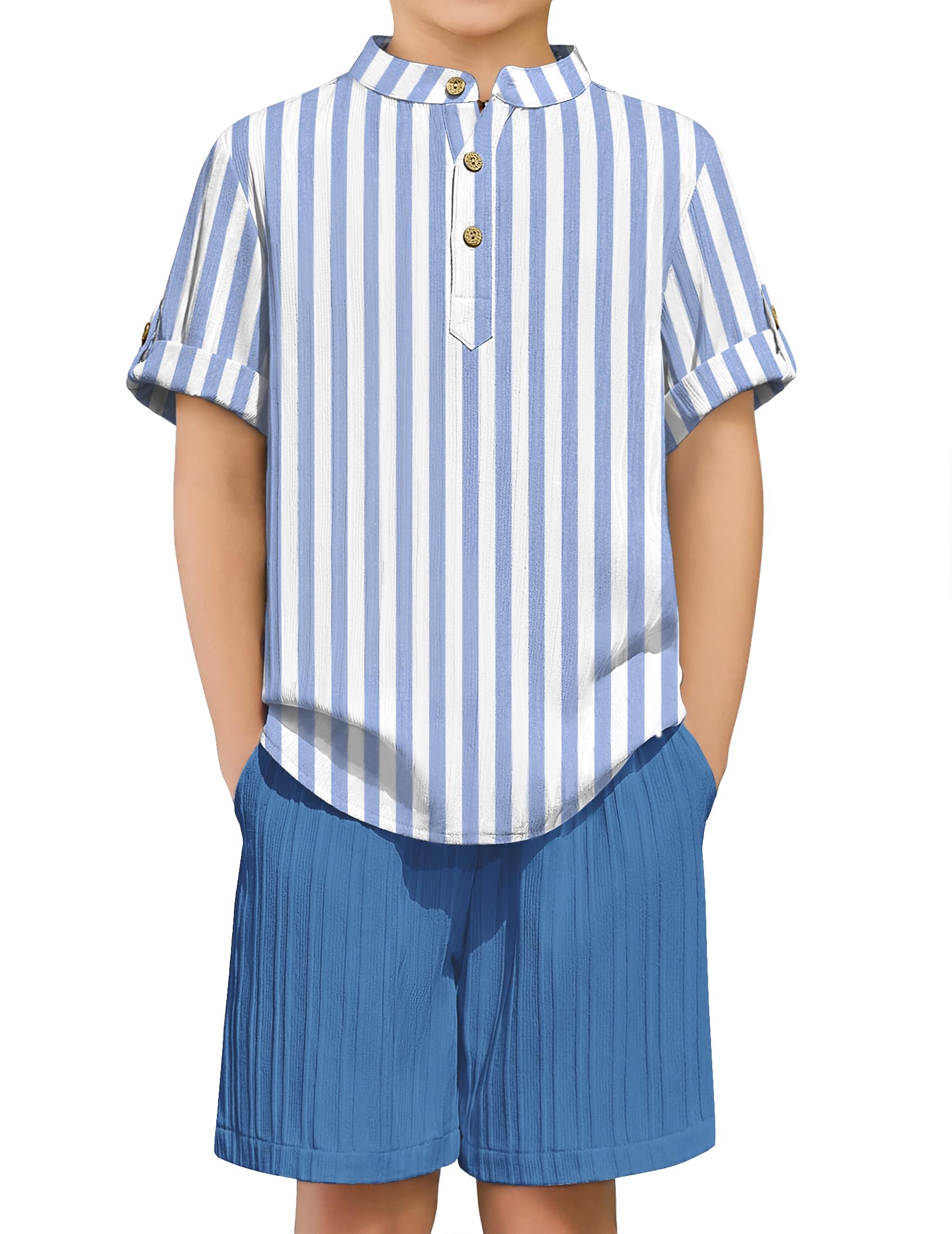 Arshiner Boys 2 Piece Summer Beach Outfits Textured Henley Shirts and Shorts Set Casual Vacation Clothes for 4-12 Years Kids