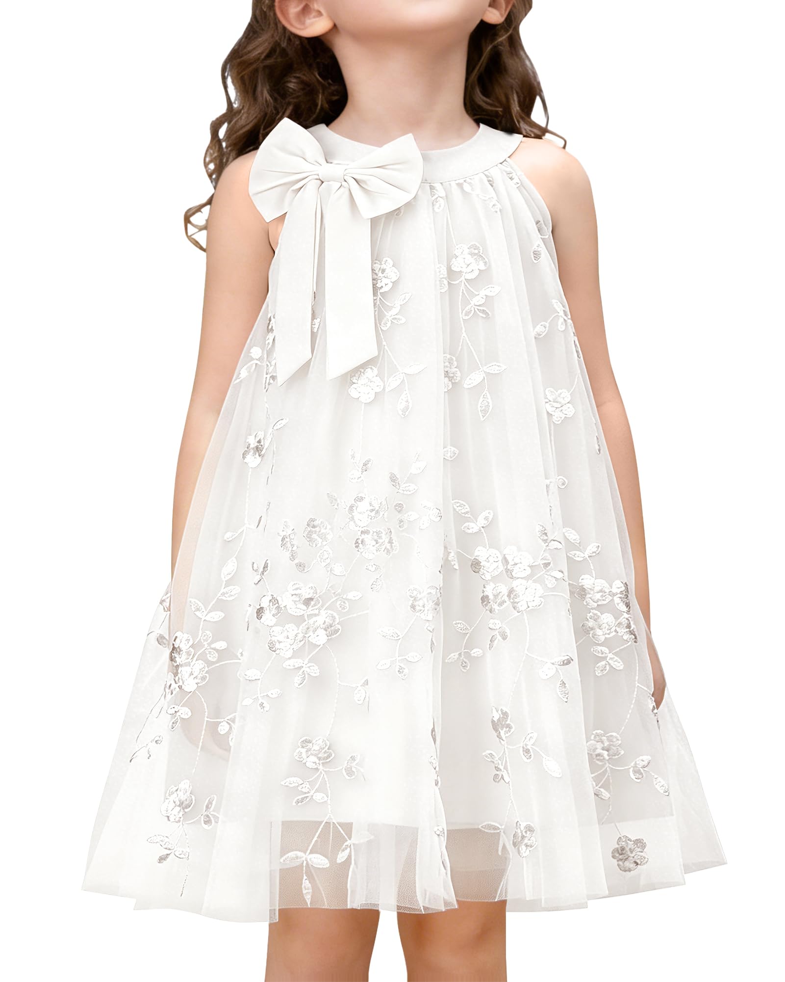 YALLET Flower Girl Dress Halter Neck Sleeveless Kids Dresses Collar Bow Embroidery Tulle Dress for Wedding Party Birthday