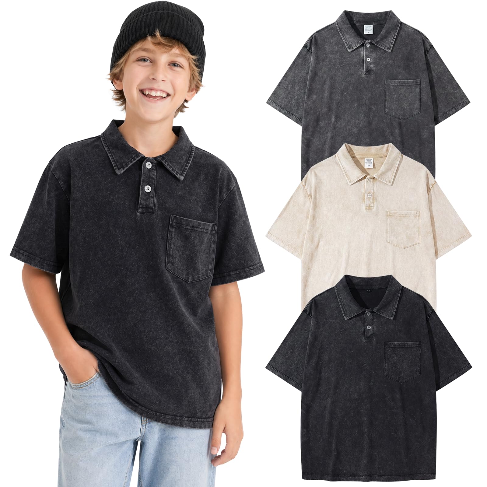 Arssm Boys Polo Shirts Kids Oversized T Shirts Cotton Acid Washed Tshirts Vintage Summer Basic Tees