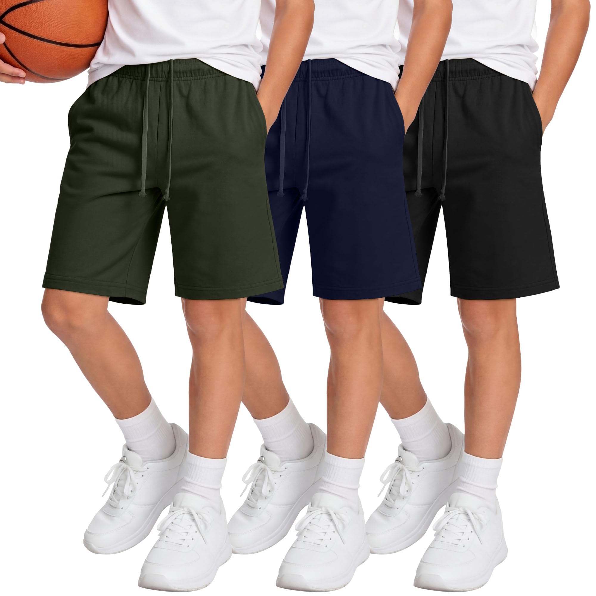 Langyiwee 3 Pack Boys Shorts Kids Baggy Athletic Sweat Shorts with Pockets Elastic Waist Summer Casual Joggers, 6-16 Years