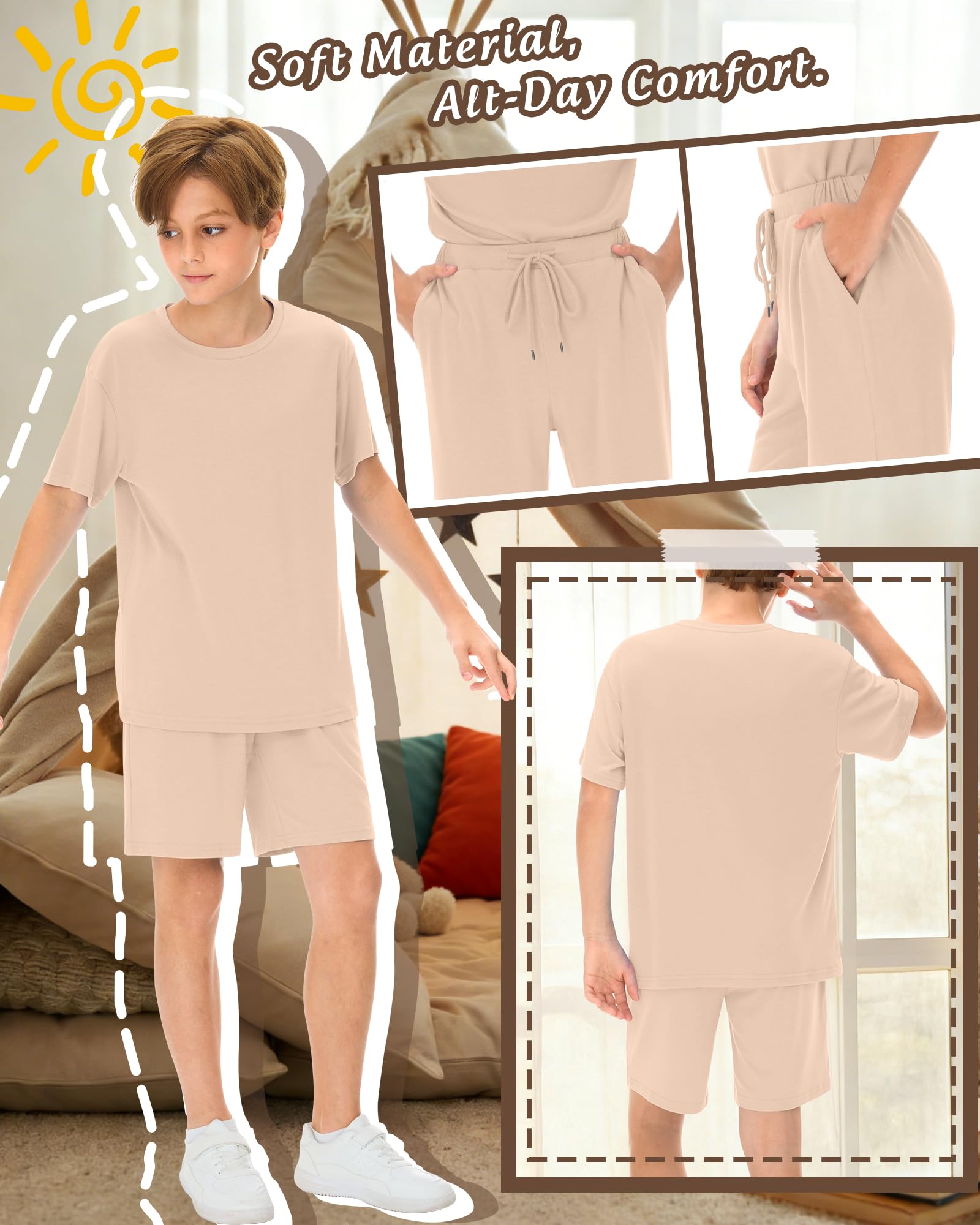 LessonZoo Boy's 2 Piece Outfits Set Summer Comfy Crewneck Oversized Short Sleeve Shirts Shorts Casual Clothing 5-14 Years