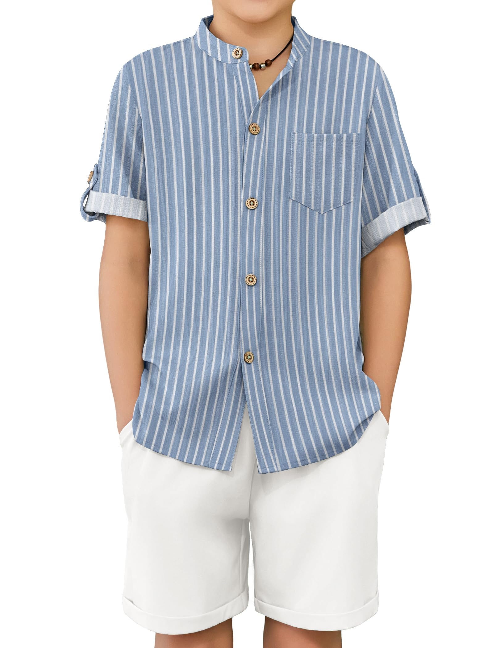 Arshiner Boy's 2 Piece Beach Outfit Short Sleeve Textured Button Down Shirt and Short Sets Summer Vacation Wear 4-12 Years