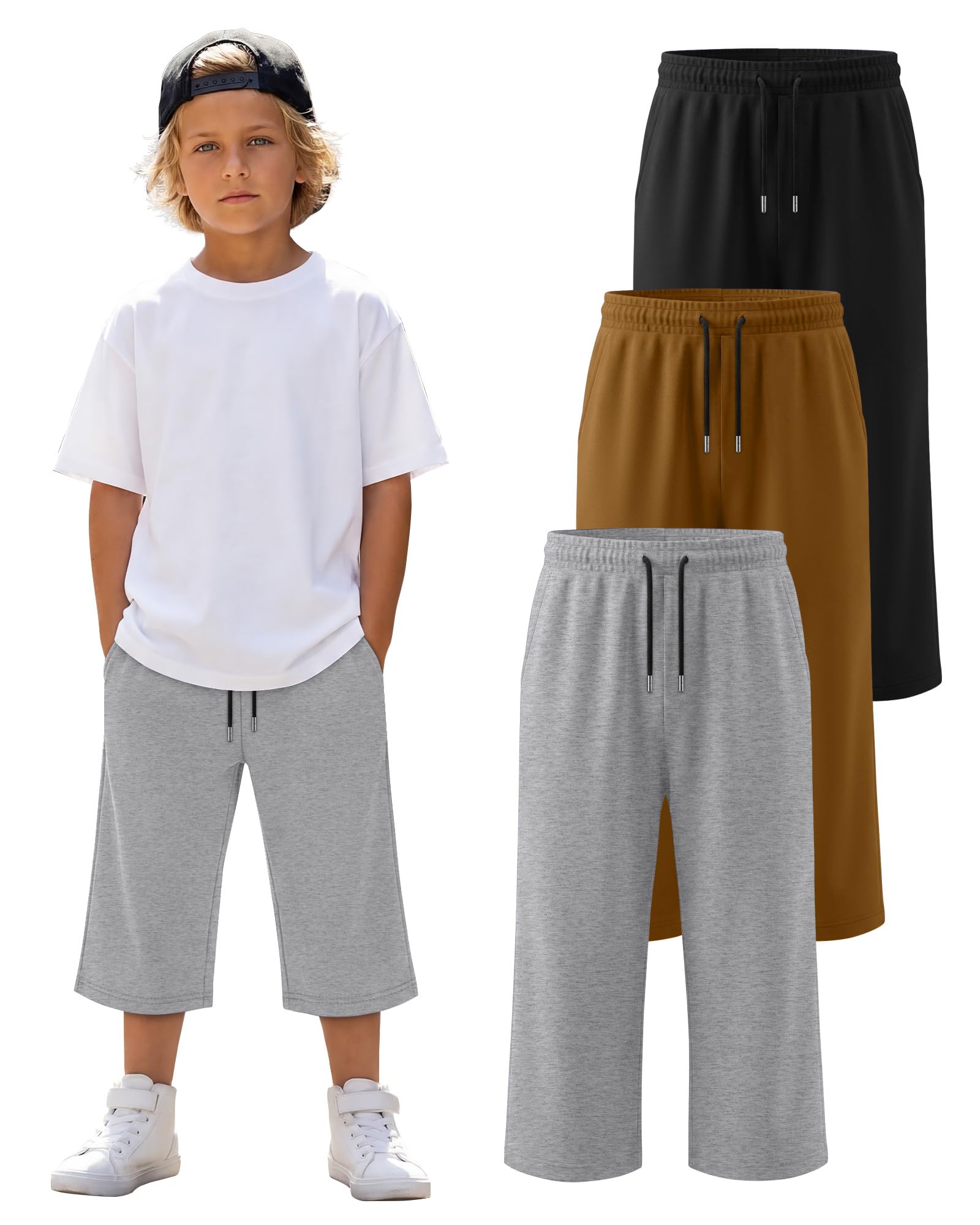 LessonZoo 3 Pack Boys Capri Pants Teen Kids Wide Leg Drawstring Joggers Below Knee Shorts 3/4 Baggy Sweatpants with Pockets