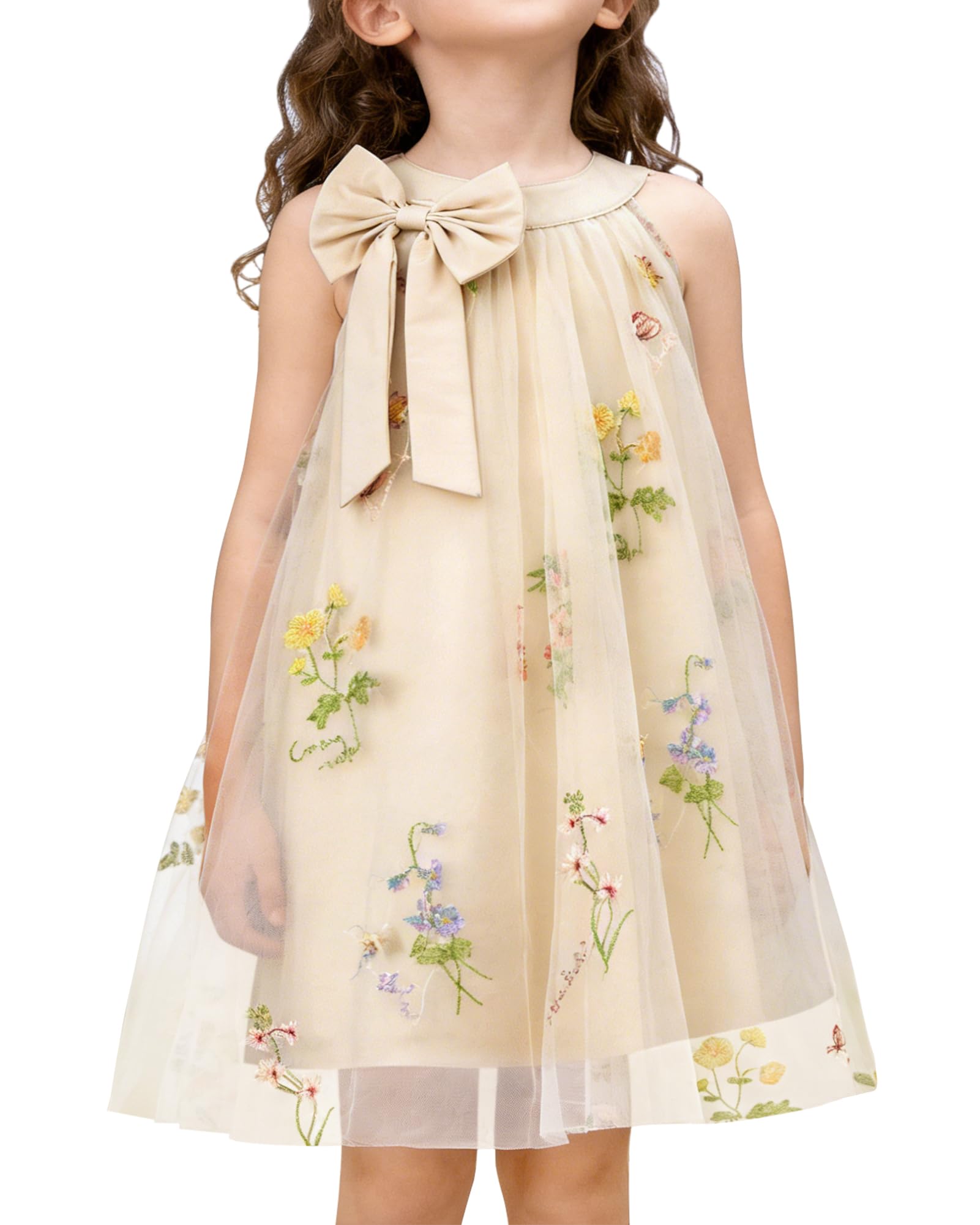 YALLET Flower Girl Dress Halter Neck Sleeveless Kids Dresses Collar Bow Embroidery Tulle Dress for Wedding Party Birthday
