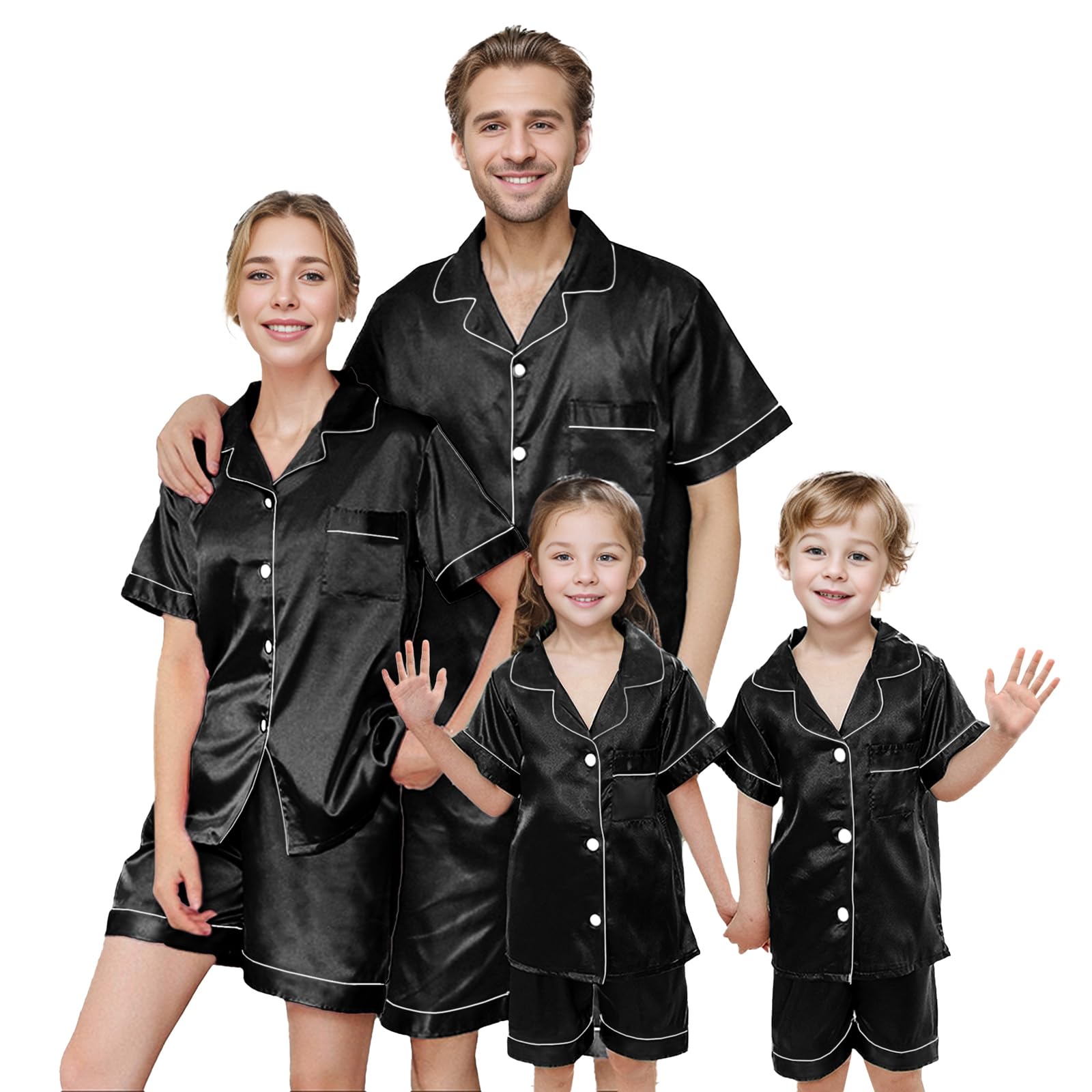 IFFEI Matching Family Silk Pajamas Set Satin Button Down Loungewear 2 Piece Top and Shorts Pjs for Couples with Pocket