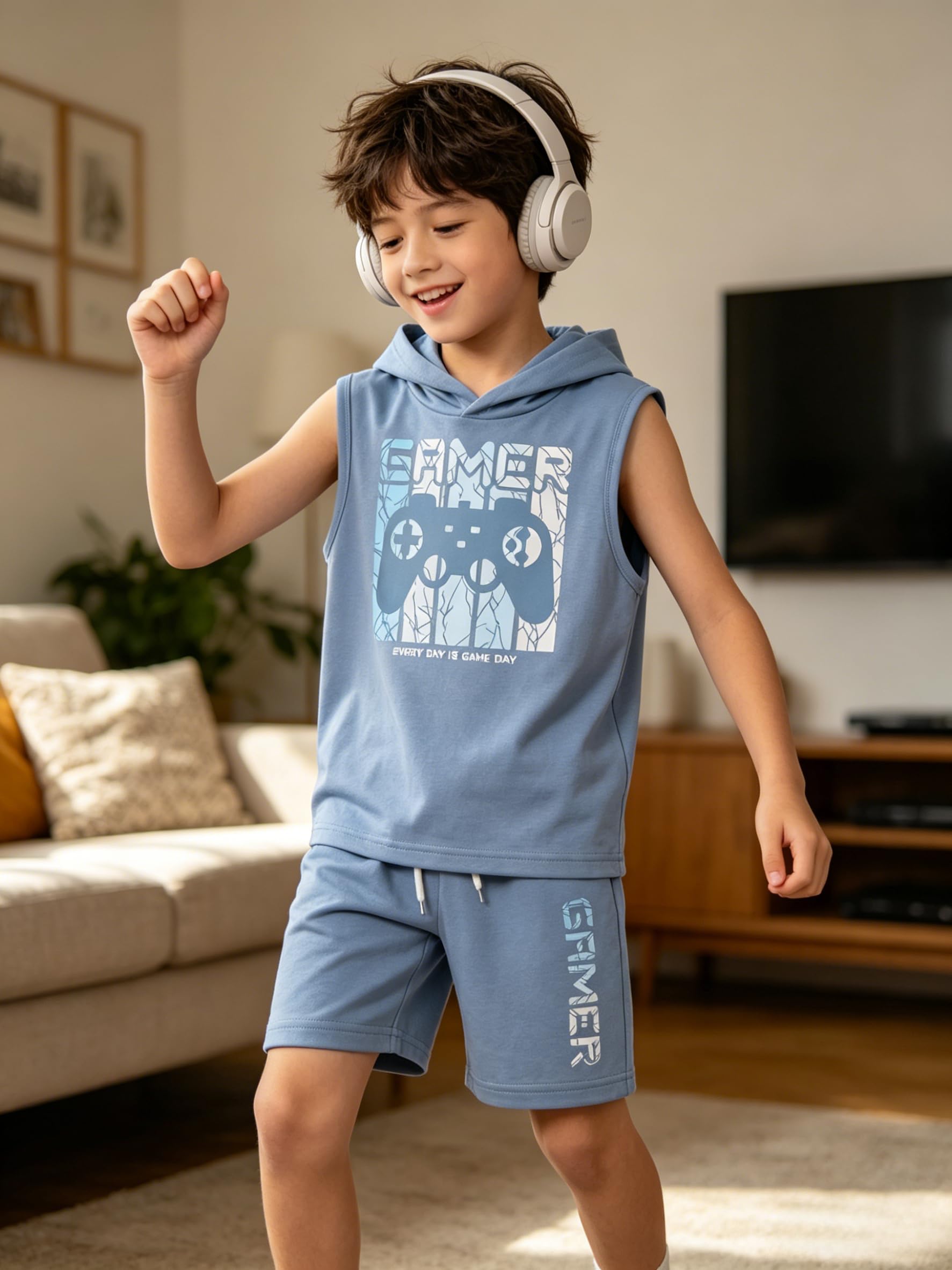 KIDLAGA Tween Boys Summer Clothes 2 Piece Short Sleeve Graphic Sleeveless Hooded Shirt and Shorts Outfit for 7-14 Years