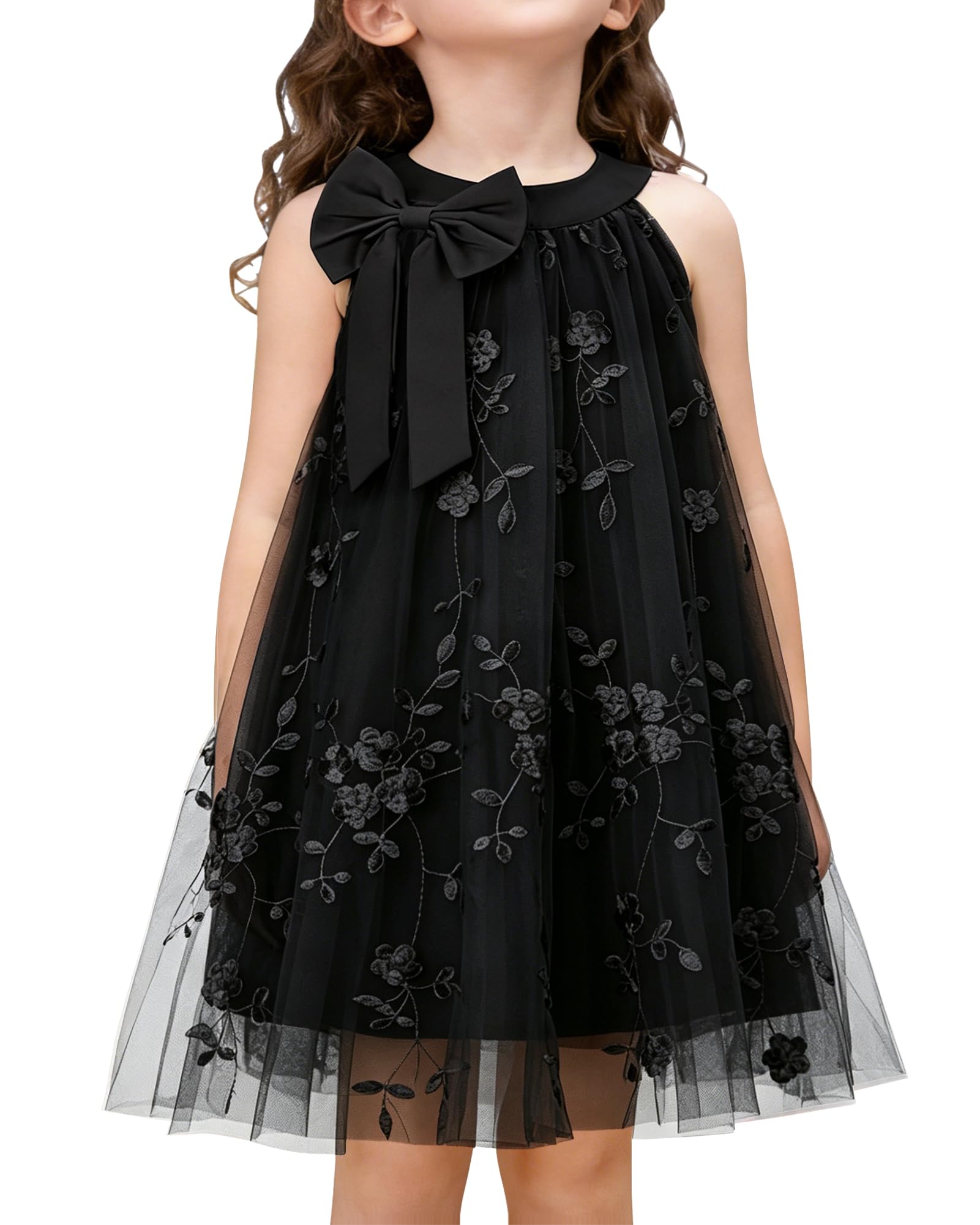 YALLET Flower Girl Dress Halter Neck Sleeveless Kids Dresses Collar Bow Embroidery Tulle Dress for Wedding Party Birthday