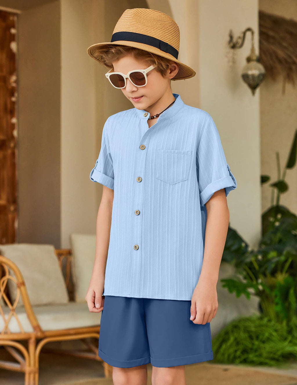 Arshiner Boy's 2 Piece Beach Outfit Short Sleeve Textured Button Down Shirt and Short Sets Summer Vacation Wear 4-12 Years