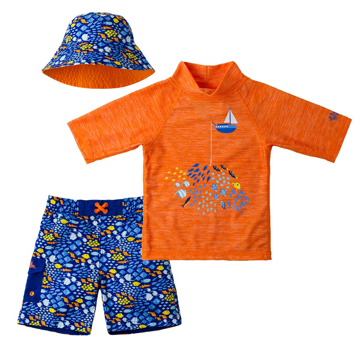 UV SKINZ Boys 3-Piece Swim Set with UPF 50+ Long Sleeve Rash Guard, Swim Shorts & Hat