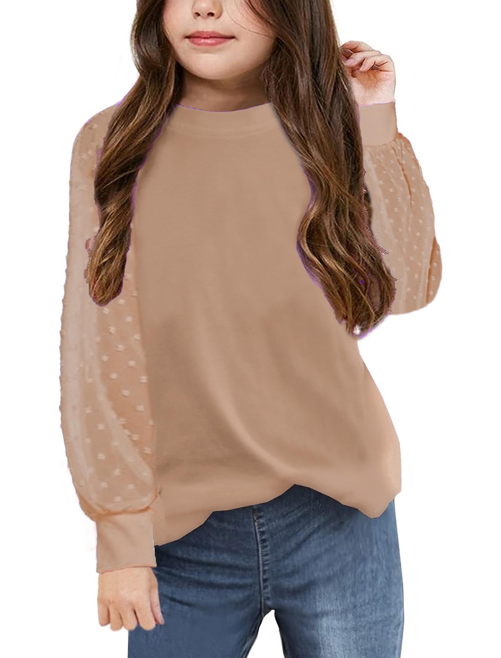 Yekaty Girls Shirts Casual Solid Color Crewneck Blouses Soft Long Sleeve Swiss Dots Chiffon Tops