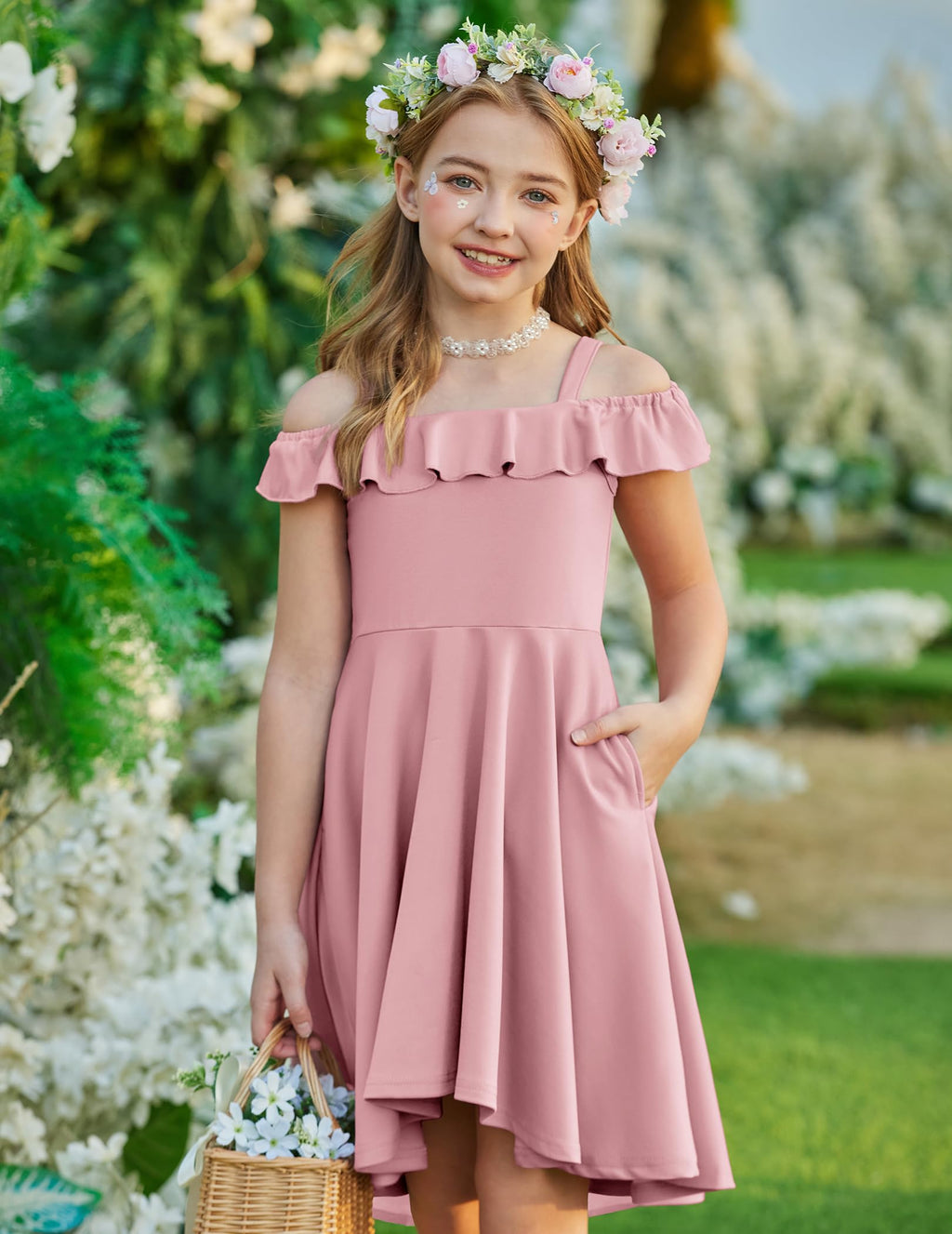 Arshiner Girls Summer Dress Off Shoulder Flutter Sleeve Midi Swing Cassual Formal Dresses with Pocket